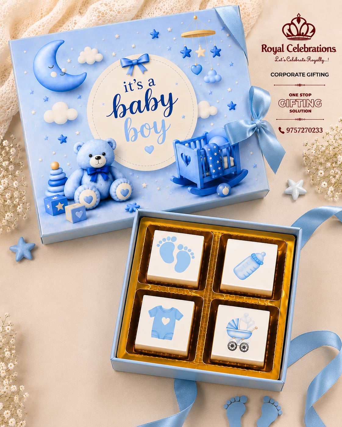 It's a Baby Boy announcement chocolate gift box with blue theme