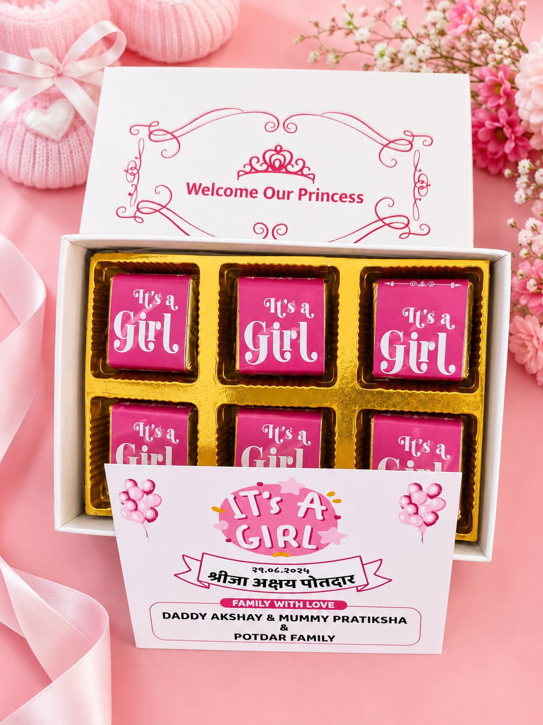 It's a Girl baby announcement personalised chocolate gift box