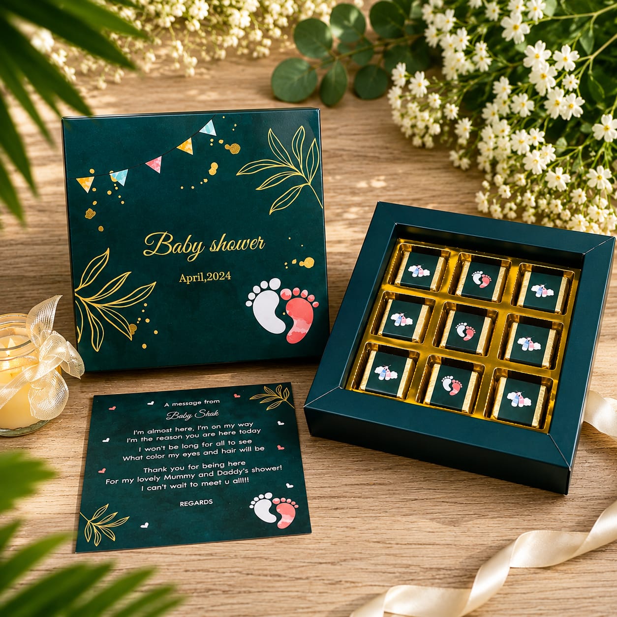 Dark green baby shower chocolate box with nine personalised chocolates and message card