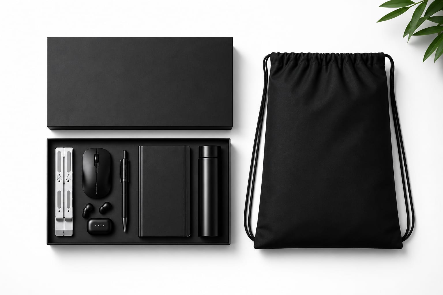 Black tech essentials gift set with wireless mouse, earbuds, pen and flask plus drawstring bag
