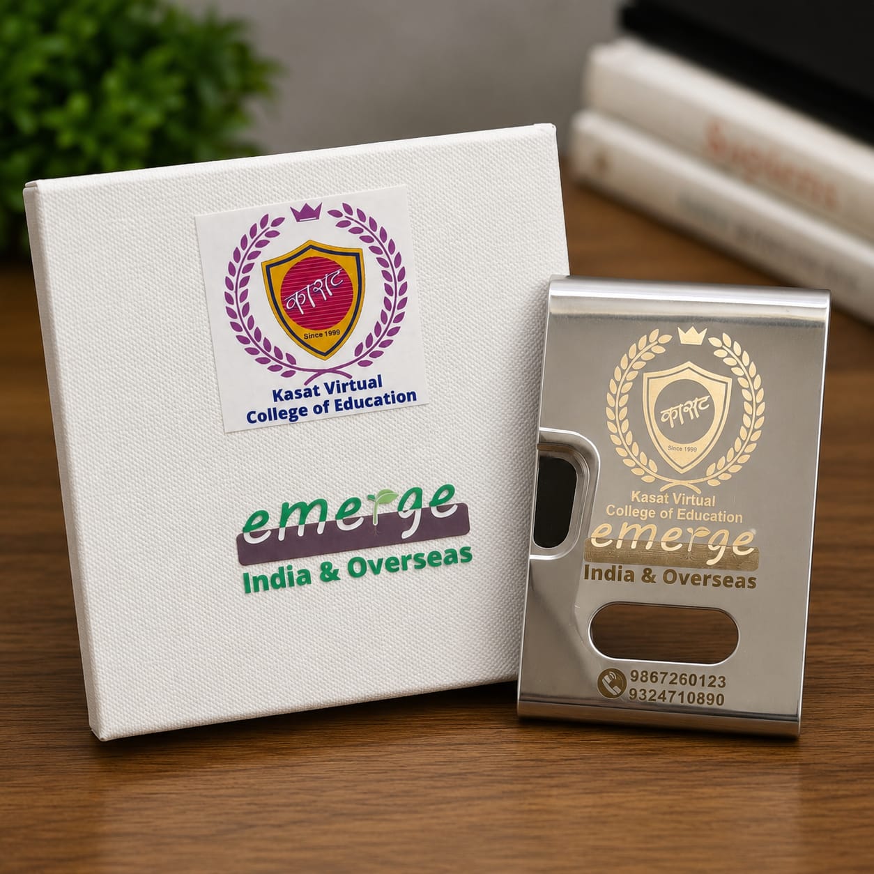 Branded metal visiting card holder with printed company logo and gift box