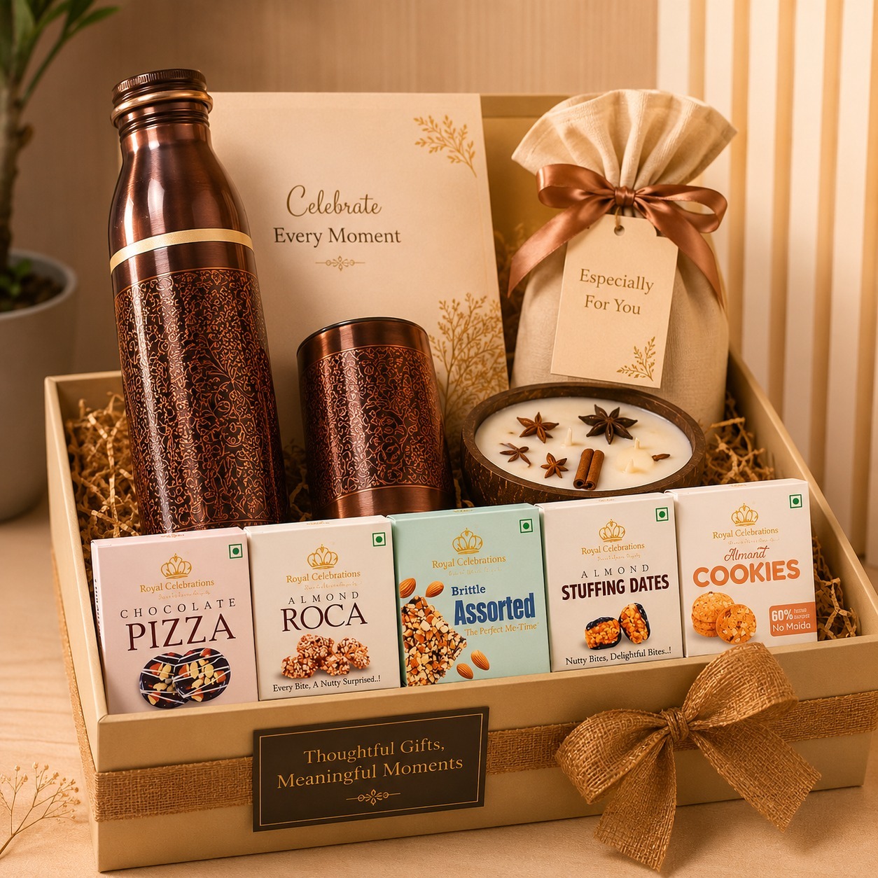 Celebrate Every Moment hamper with engraved copper bottle, chocolate pizza and almond treats