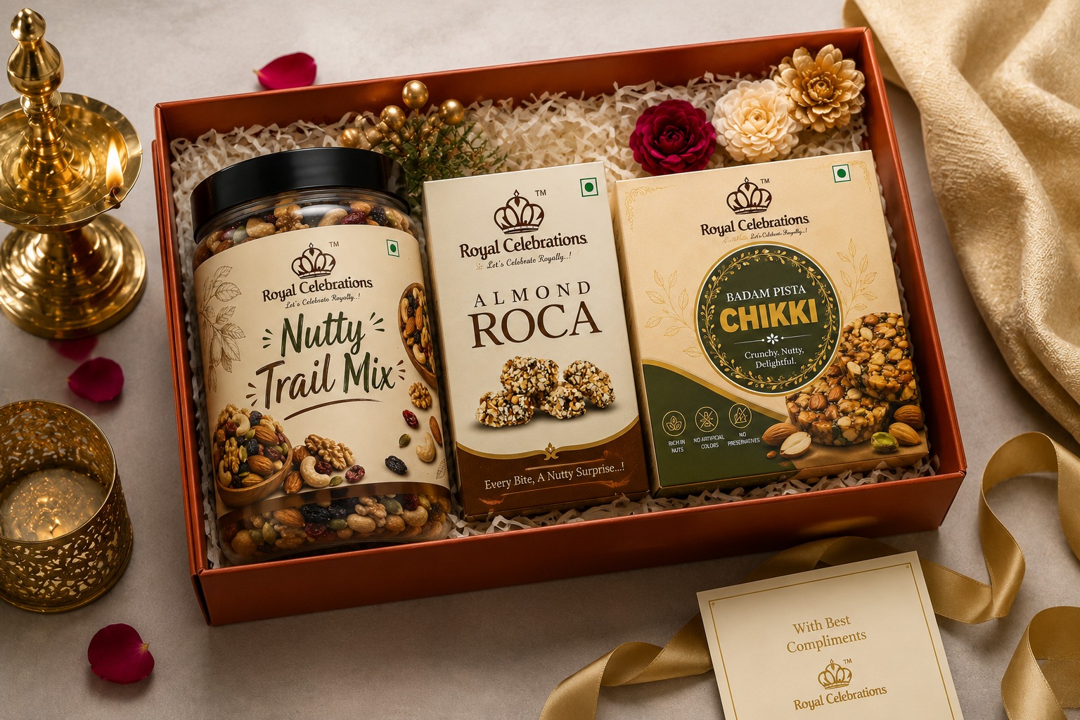 Copper box festive hamper with nutty trail mix, almond roca and badam pista chikki