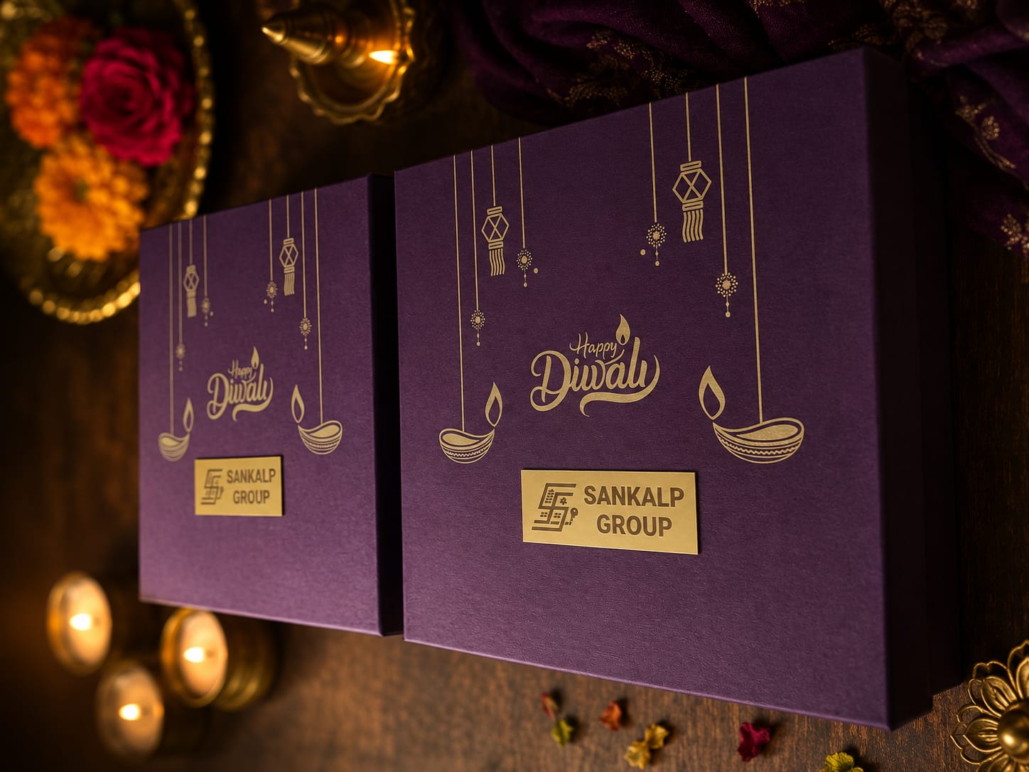 Purple Happy Diwali corporate gift box with branded gold nameplate and diyas