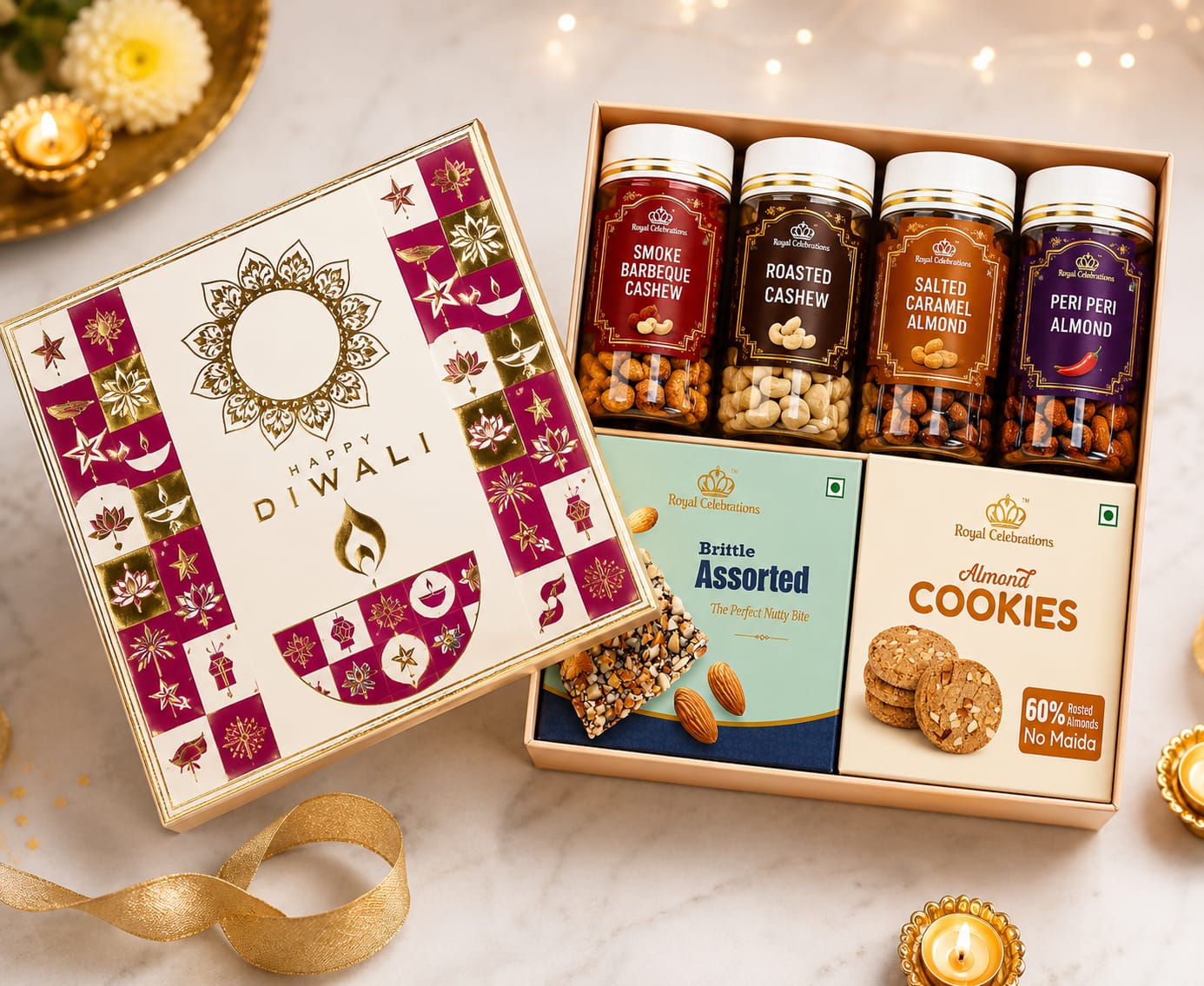 Happy Diwali gift box with flavoured cashew and almond jars