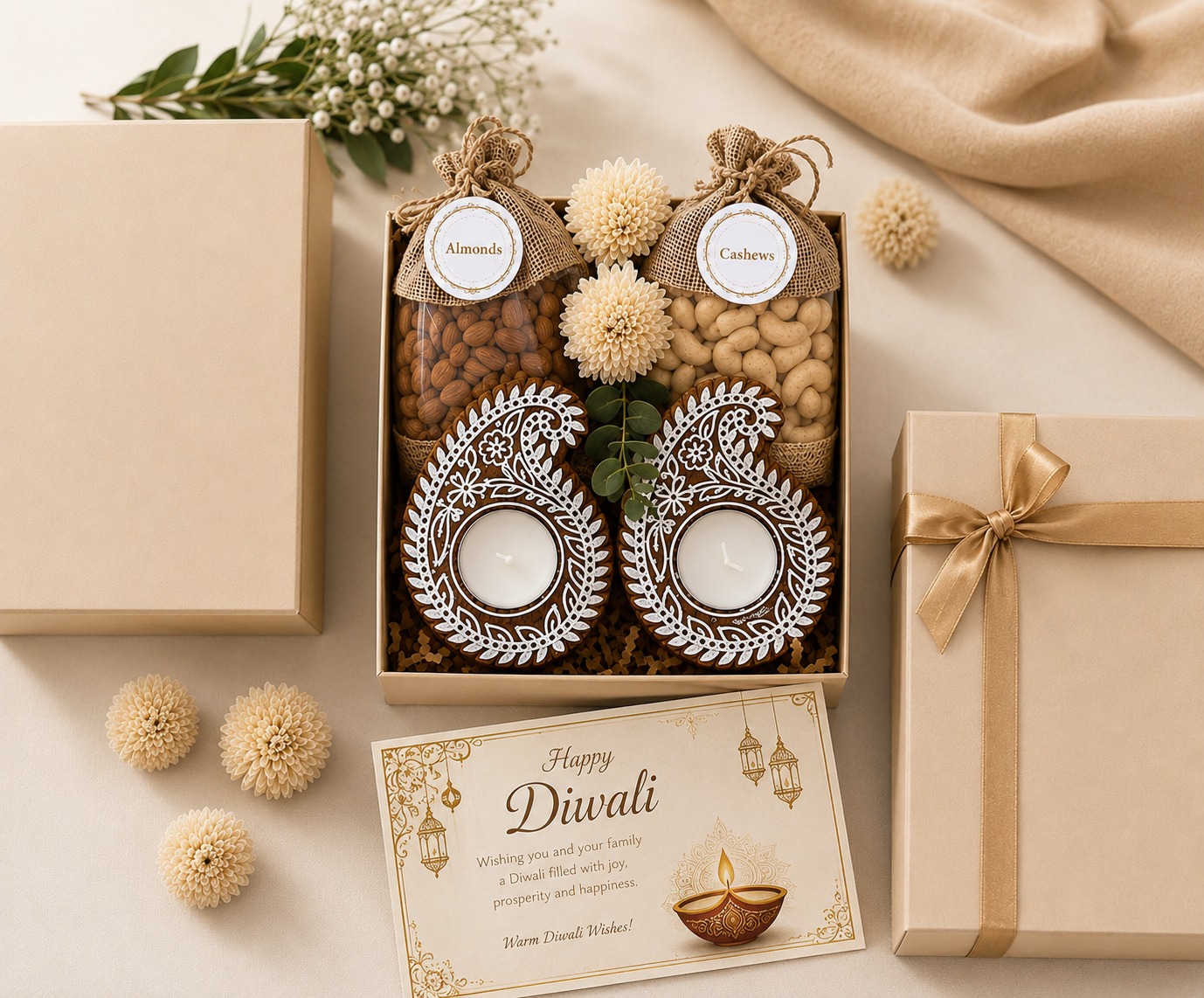 Kraft Diwali box with almond and cashew jute pouches and paisley tealight diyas