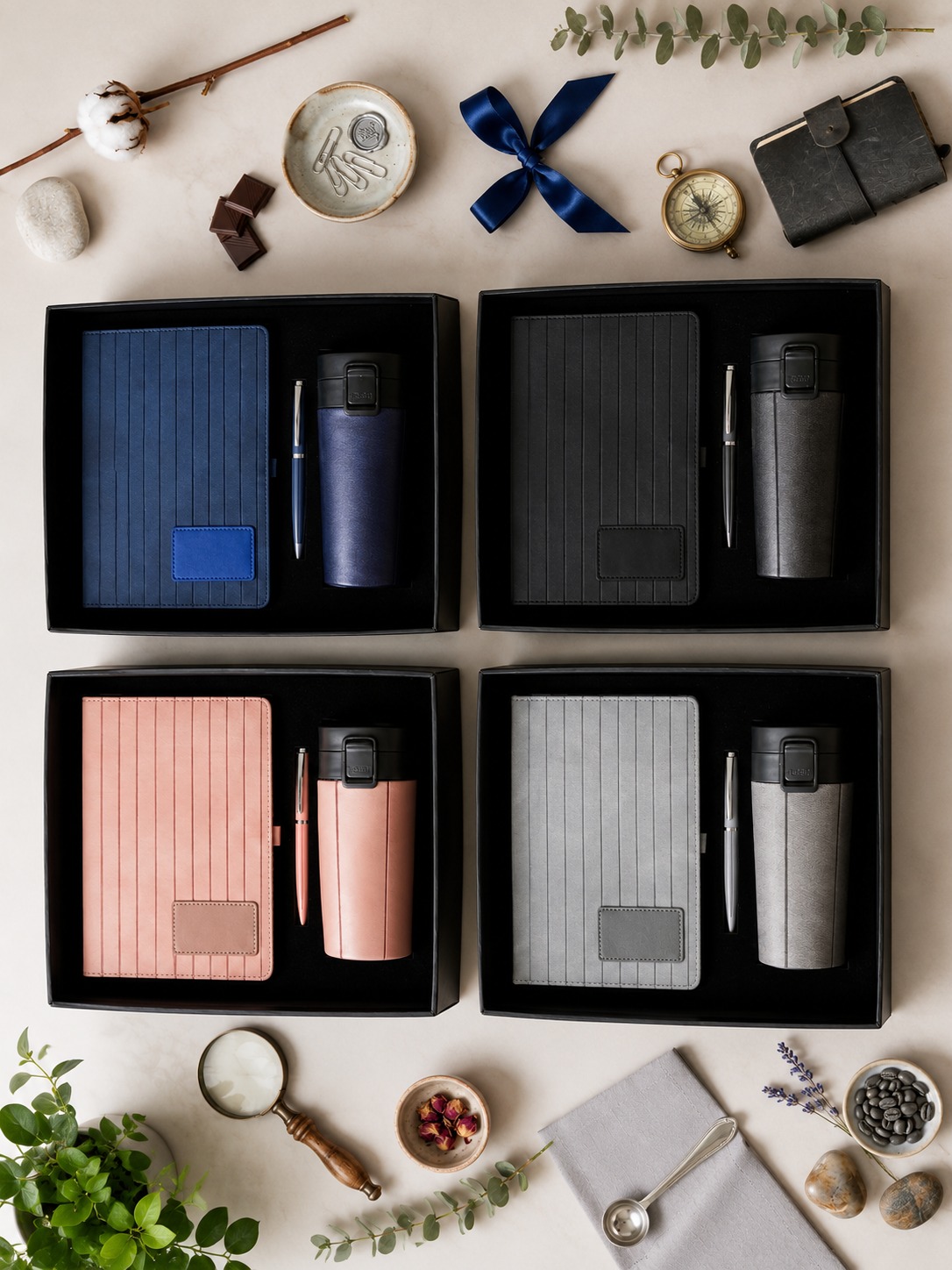 Executive diary, pen and insulated flask gift set in navy, black, pink and grey