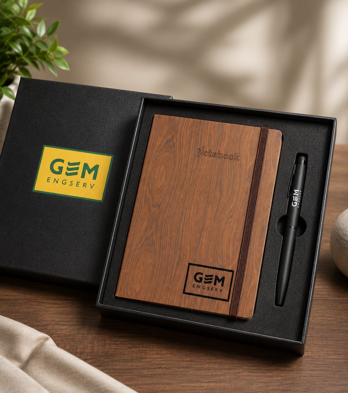 Branded executive wooden notebook and pen corporate gift set in premium black box