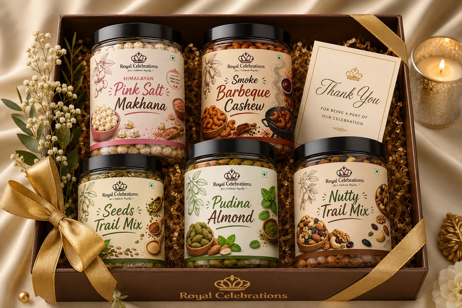 Gourmet snack hamper with Himalayan pink salt makhana, pudina almond and seeds trail mix jars