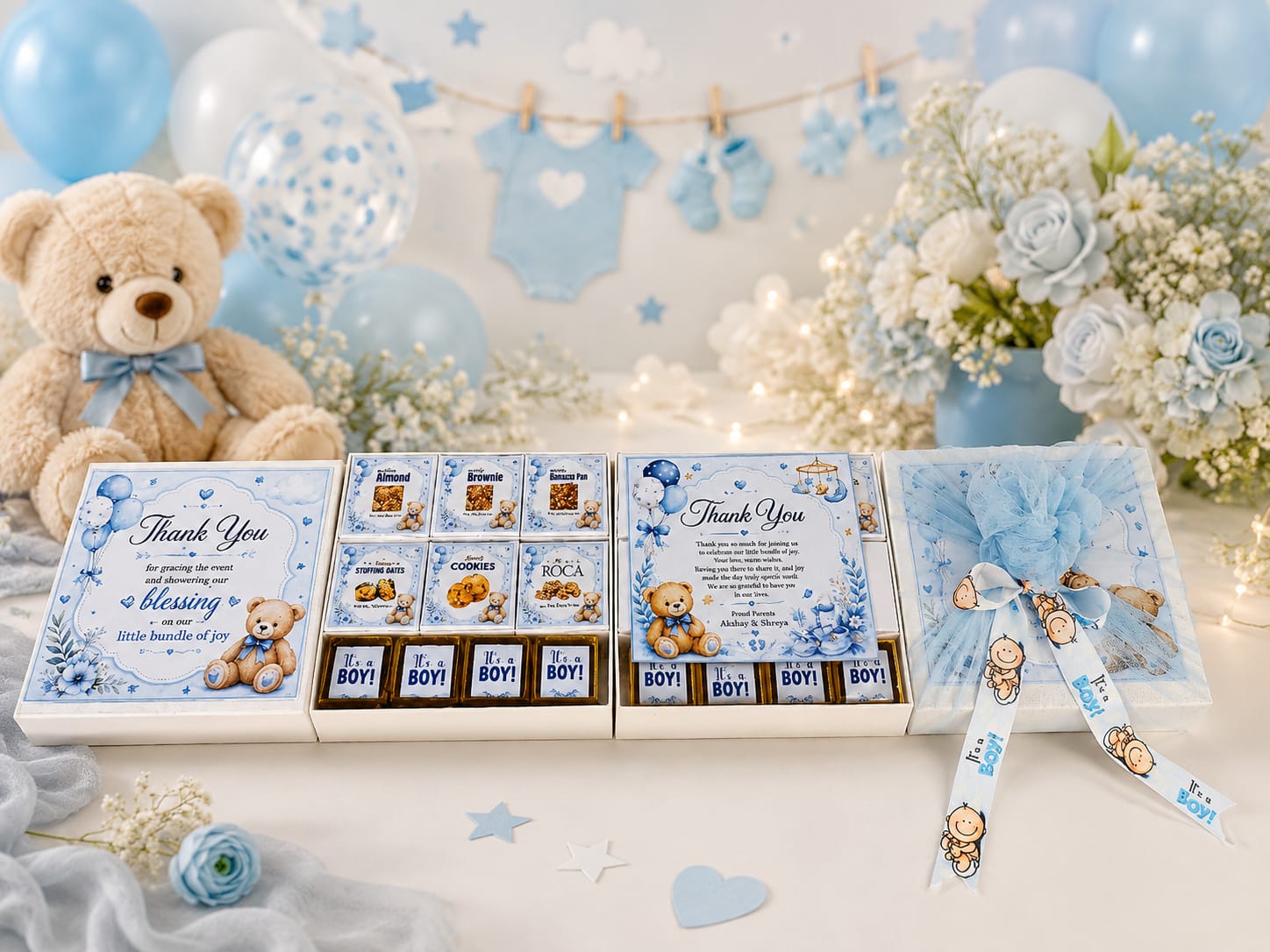 It's a Boy baby celebration chocolate hamper with teddy, balloons and personalised chocolates