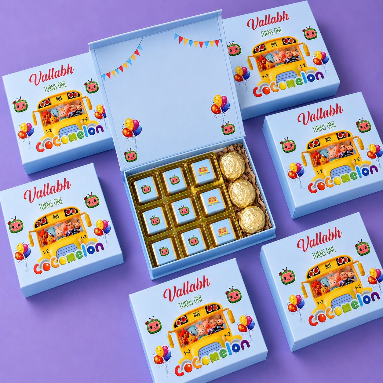 Personalised kids first birthday Cocomelon themed chocolate gift boxes