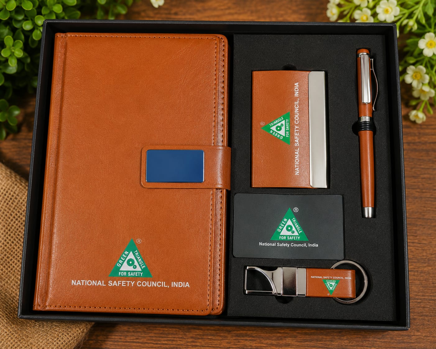 Premium branded leather diary, card holder, pen and keychain executive gift set