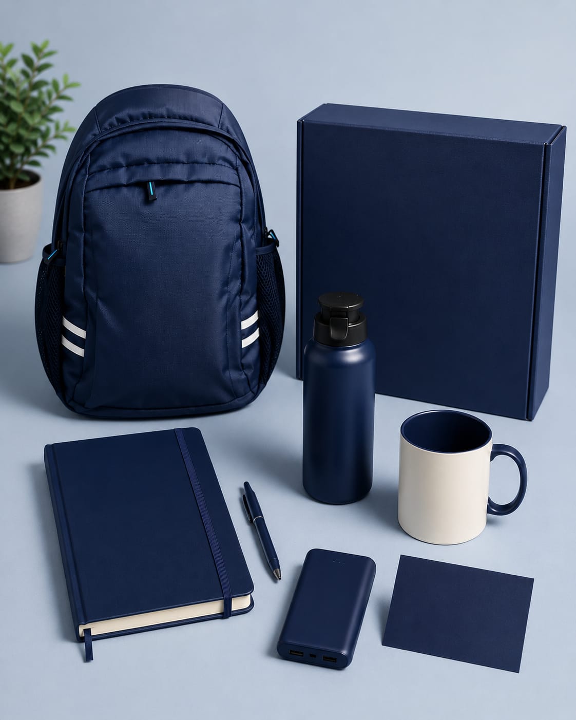 Navy blue employee welcome and onboarding kit with backpack, bottle, mug and notebook