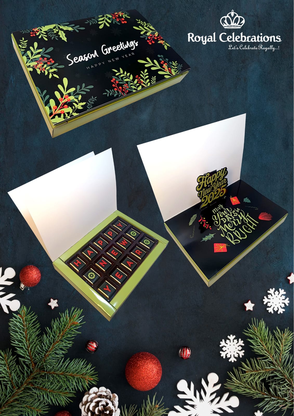 Season Greetings Happy New Year pop-up chocolate gift box by Royal Celebrations