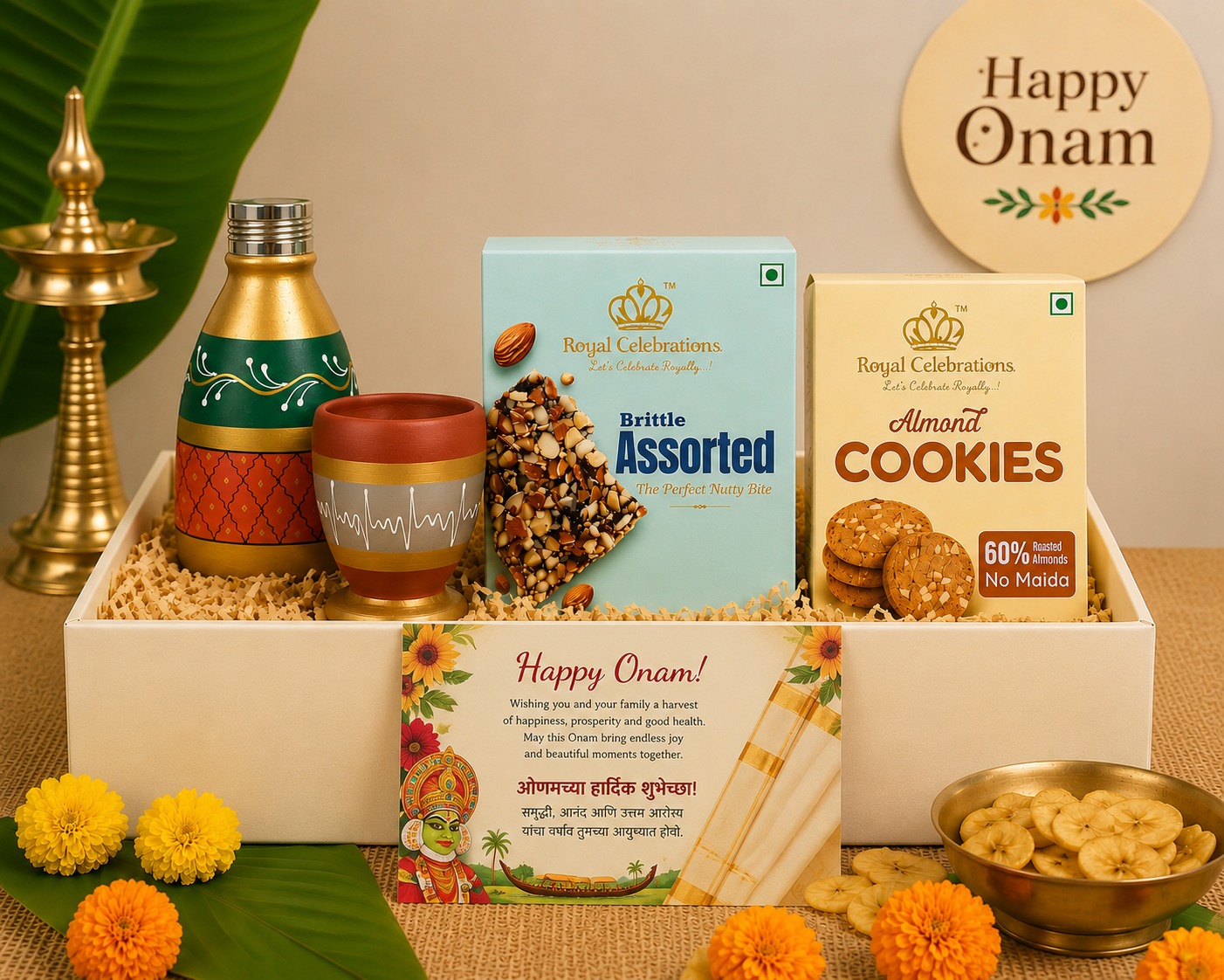 Happy Onam hamper with painted brass bottle, cup, brittle assorted and almond cookies