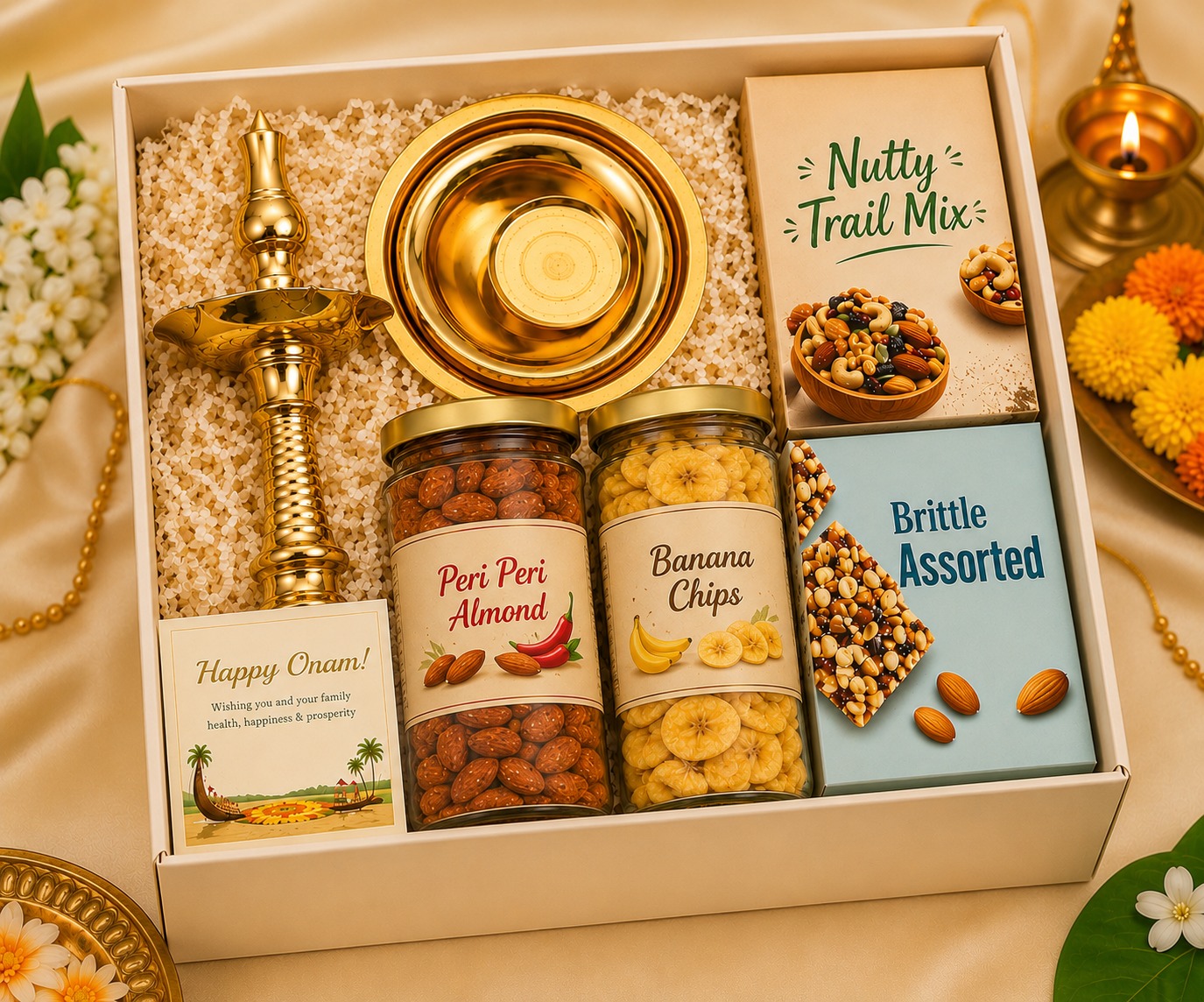 Happy Onam hamper with brass nilavilakku lamp, uruli bowls and dry fruit jars