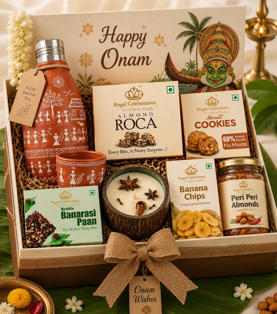 Happy Onam terracotta Warli bottle hamper with almond roca and banana chips