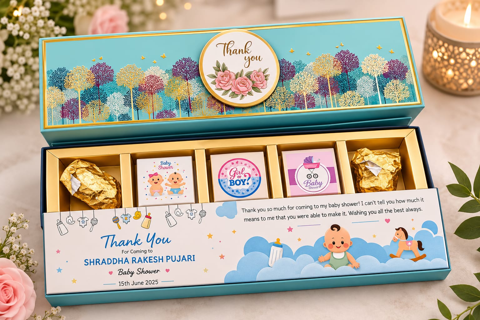 Teal personalised baby shower chocolate hamper with Ferrero Rocher and Girl or Boy chocolates