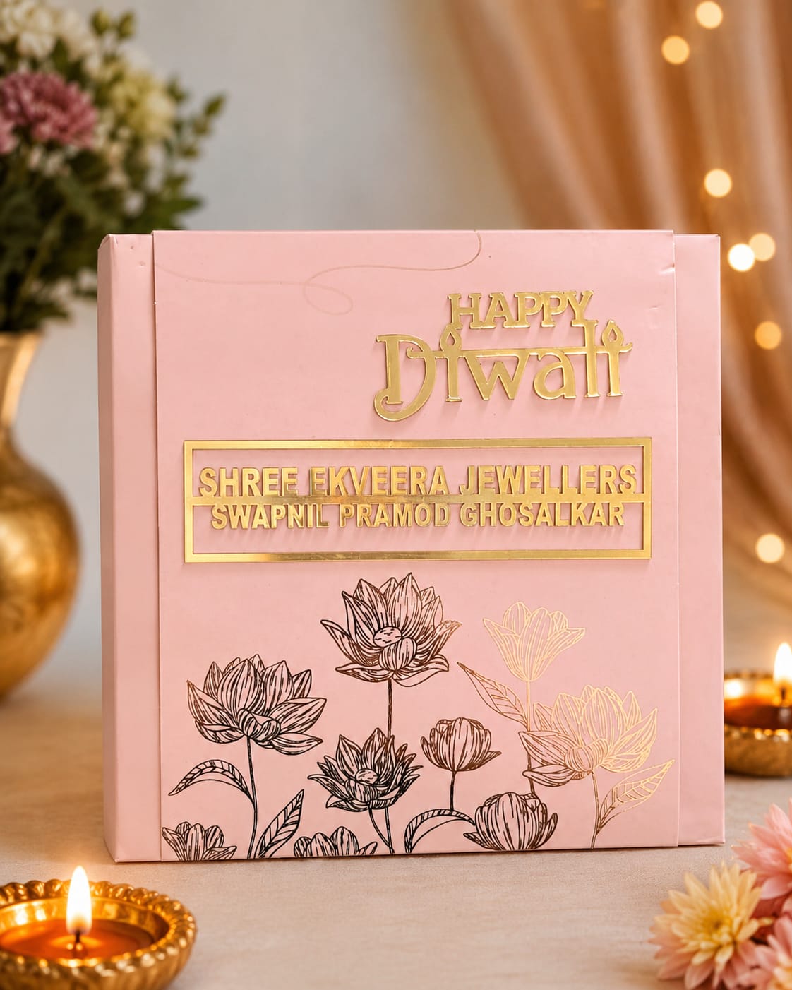 Pink Happy Diwali corporate gift box with gold foil nameplate and lotus design