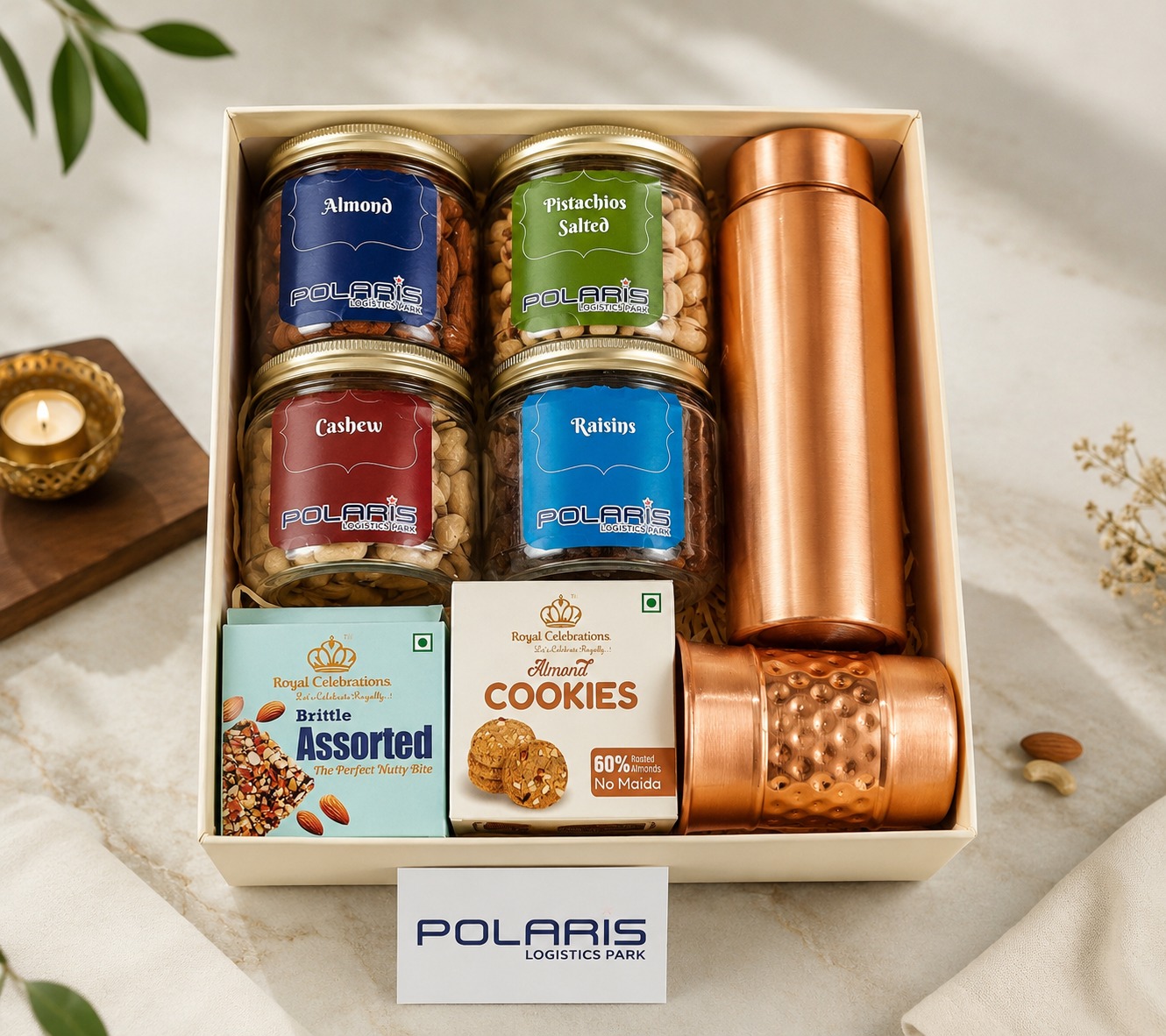 Bulk co-branded dry fruit and copper bottle event hamper by Royal Celebrations