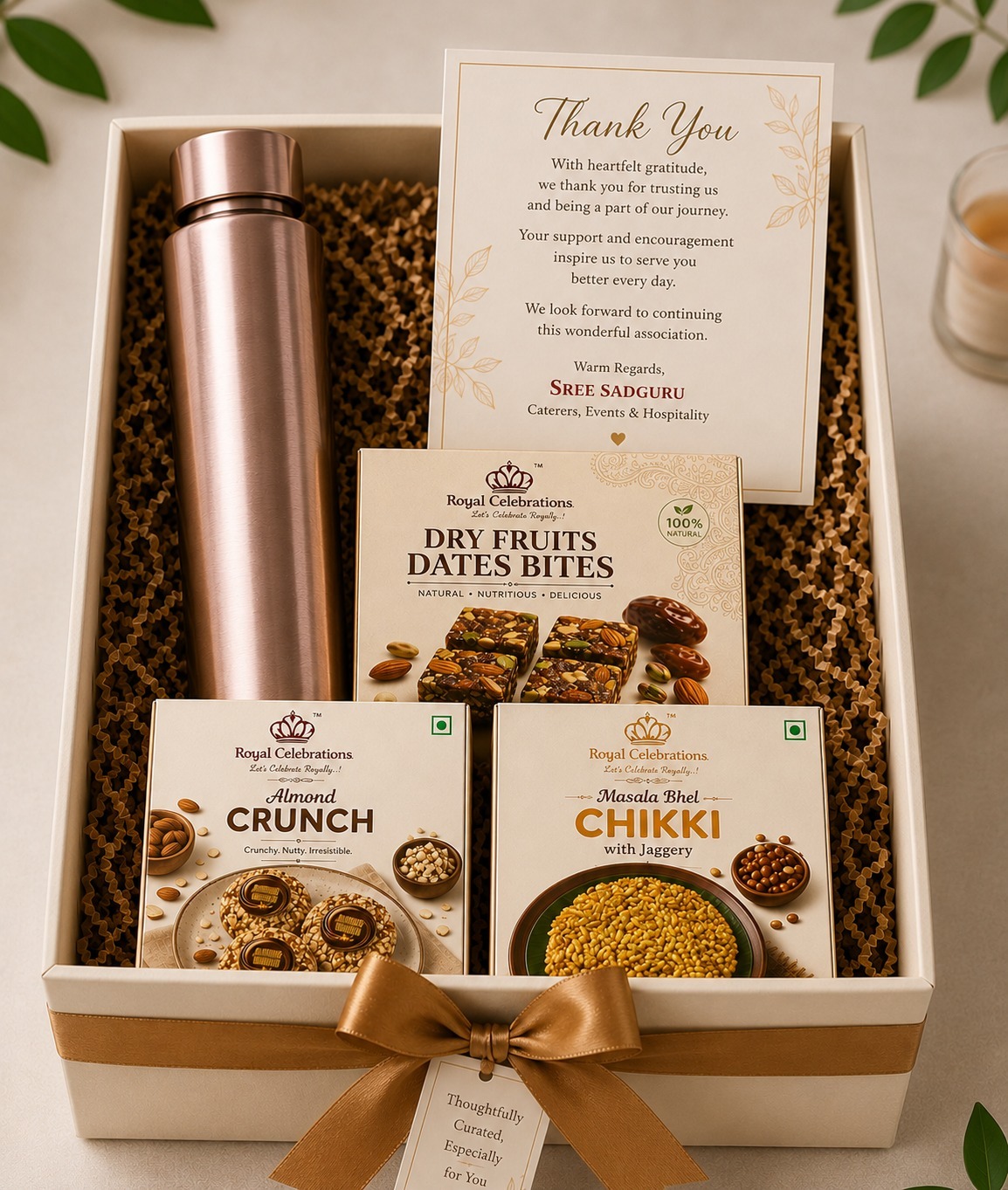 Corporate thank-you hamper with copper bottle, dry fruit dates bites and masala bhel chikki