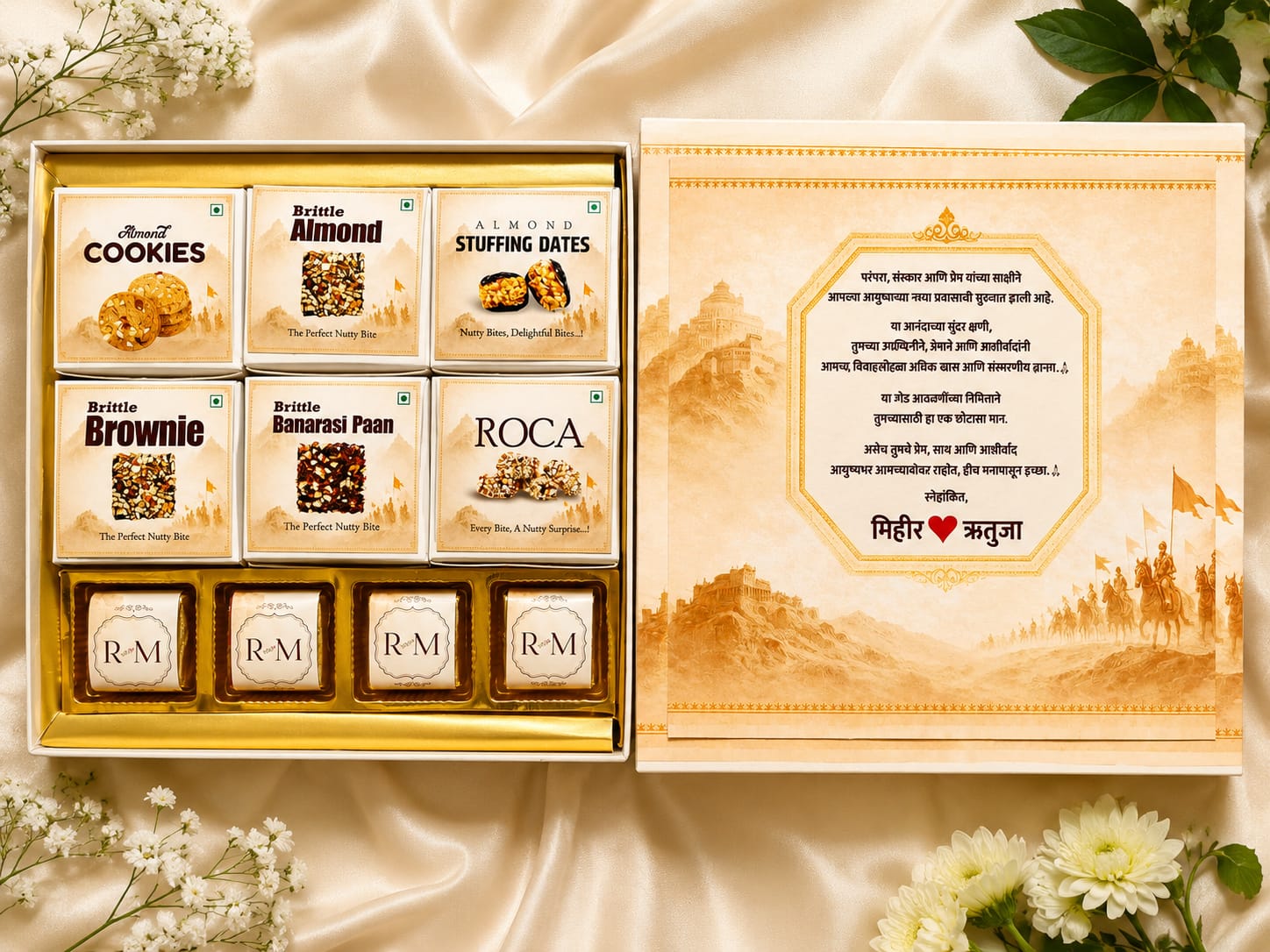 Personalised wedding chocolate hamper with nutty bites and custom invitation card