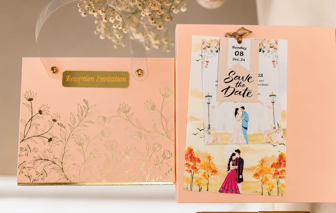 Peach wedding reception invitation box with save the date card and gold foil floral design