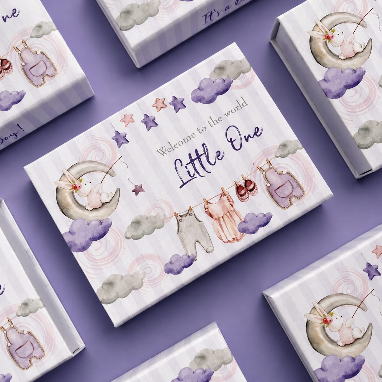 Welcome to the world Little One lavender baby announcement chocolate boxes
