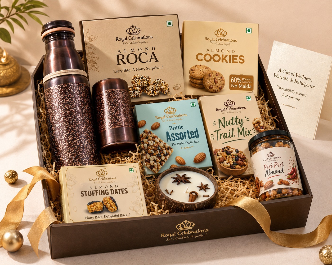 Gift of wellness hamper with engraved copper bottle, almond roca, nutty trail mix and coconut candle