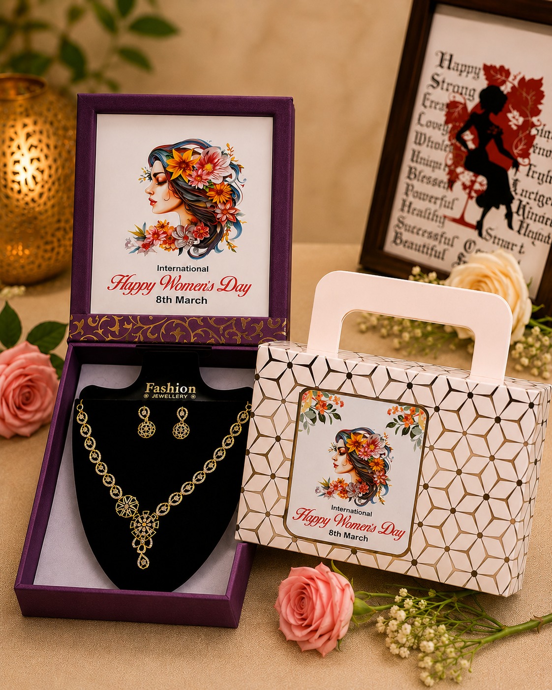 International Women's Day jewellery gift box with printed carry bag