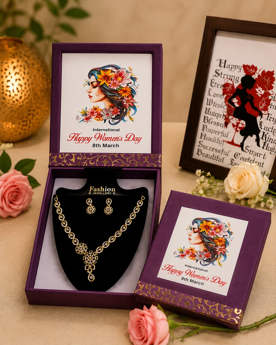 International Women's Day jewellery gift box with necklace and earrings